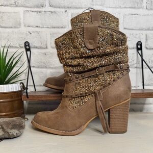 Not Rated Thumbs Up embellished knit and faux leather boots 7.5